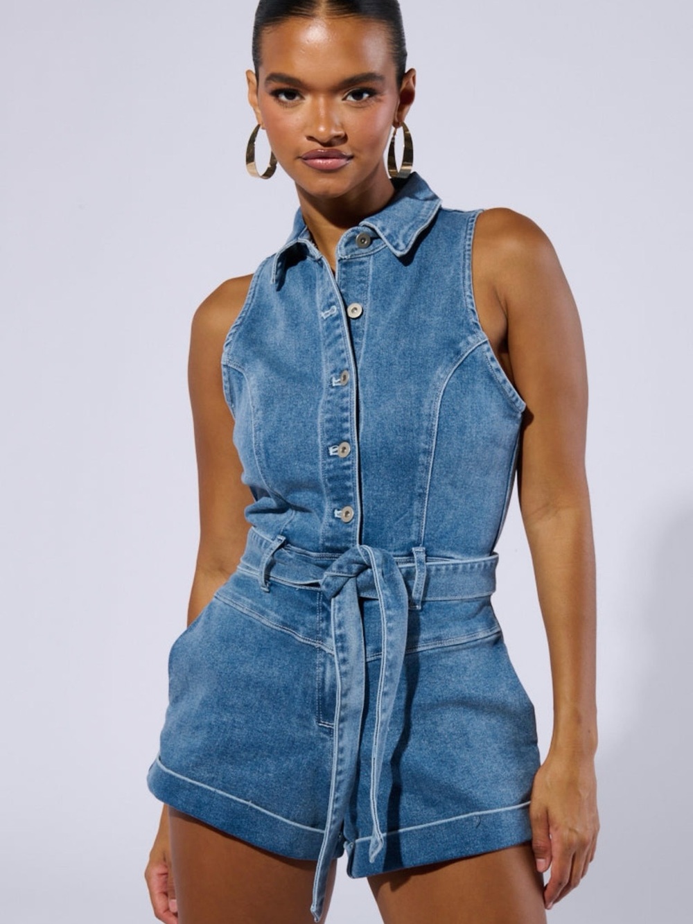 AKIRA Sleeveless Blue Denim Tie-Waist Romper